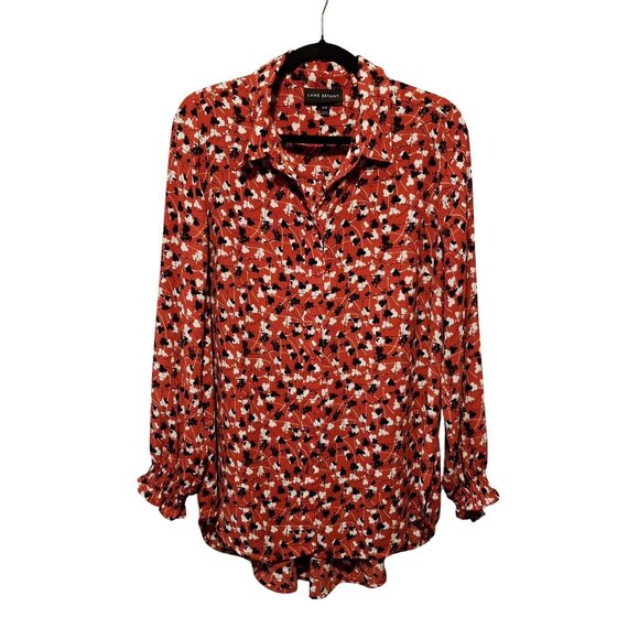 Lane Bryant Red & Black Like New Floral Button-Down Blouse Size 14/16 With Ruffl - Picture 1 of 11